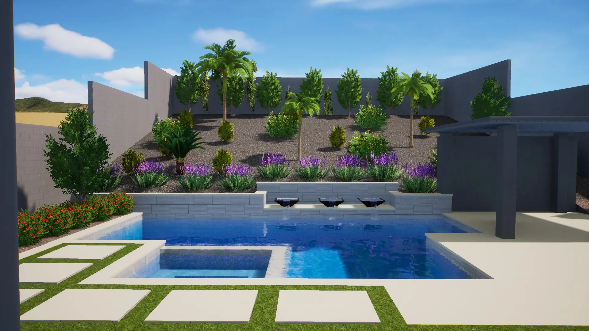 A rendering of an outdoor pool with a palm tree and purple flowers.