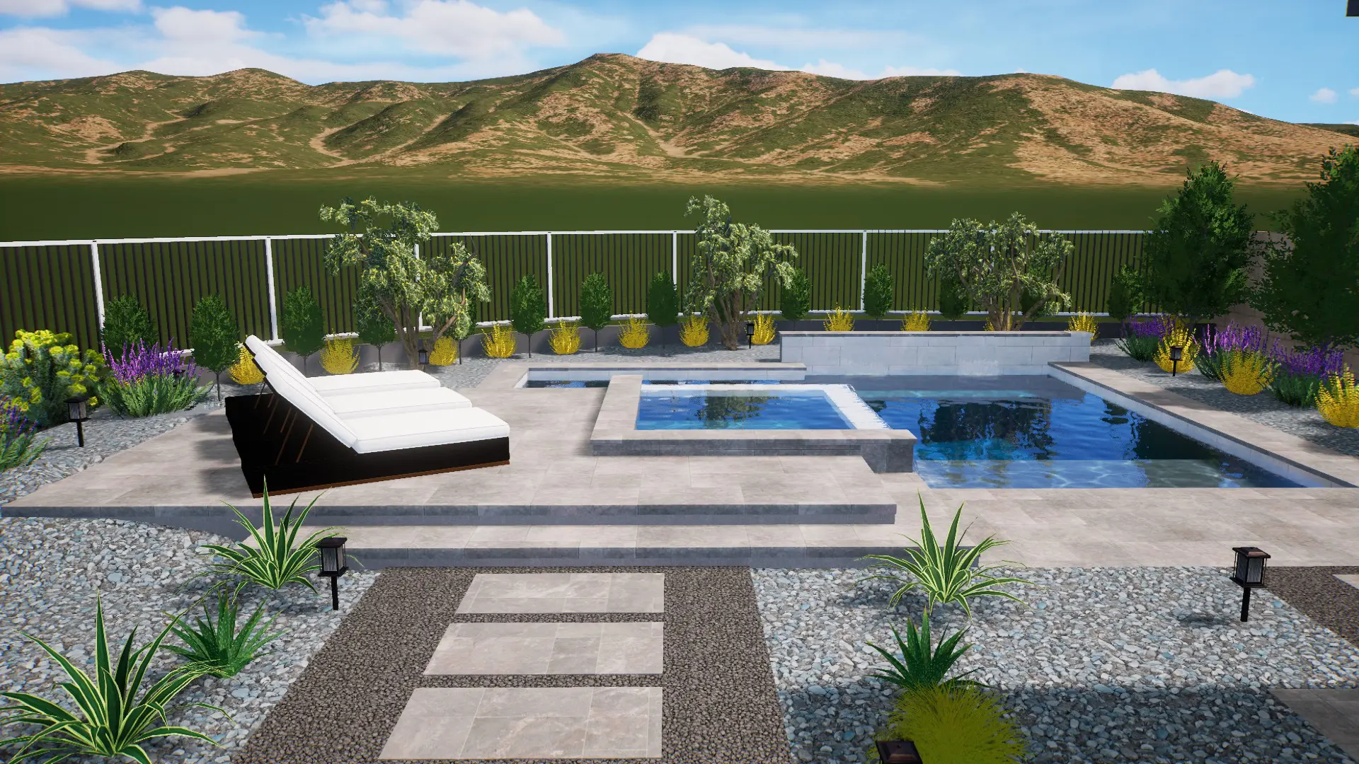 A rendering of the outdoor area with a pool and spa.